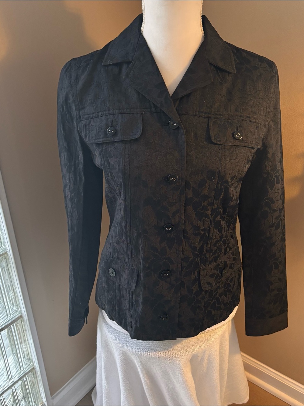 JONES New York Signature Womens Black Floral Button Up Jacket Pockets Size S